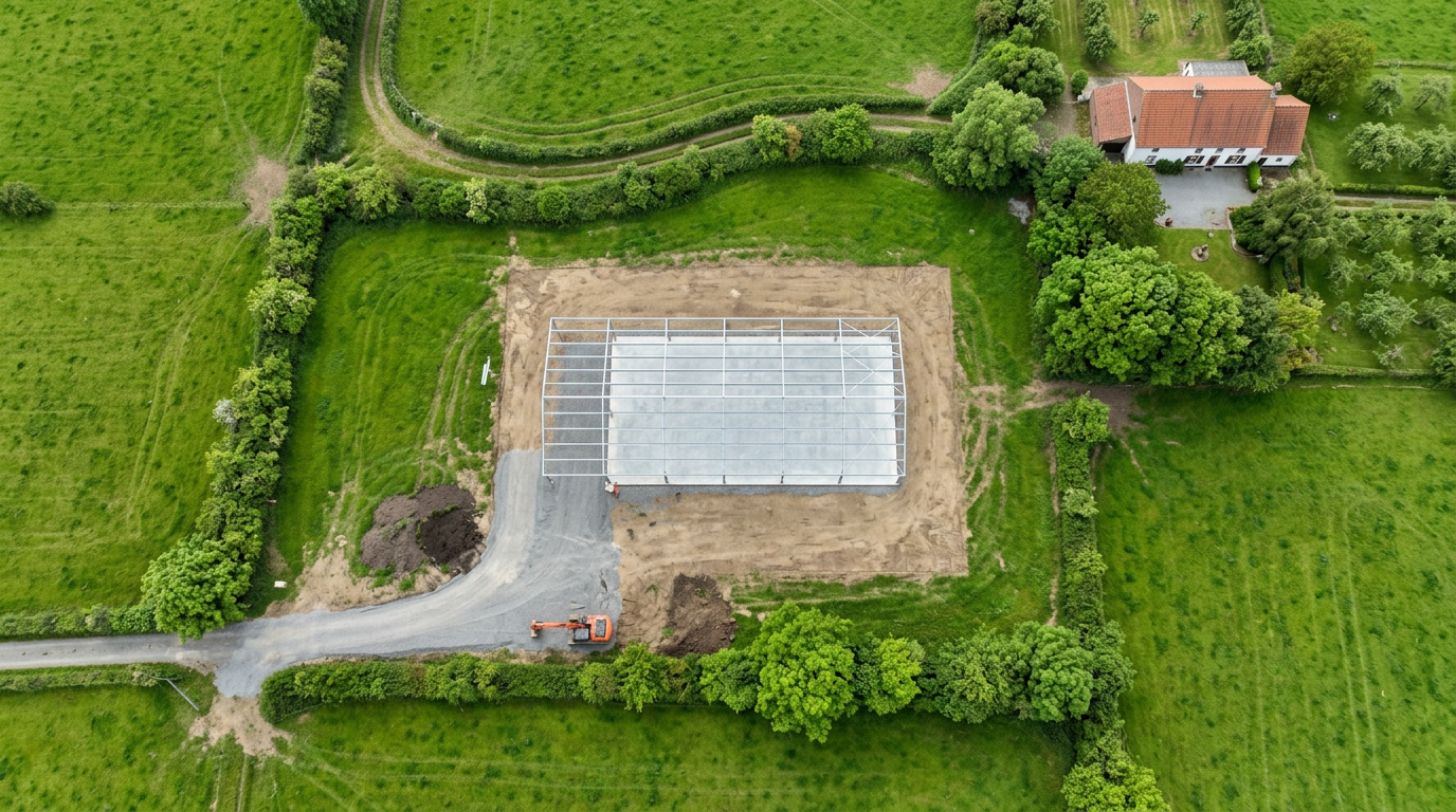 Sample orthophoto of a farm-shed plot seen from above, with the site outline drawn on it